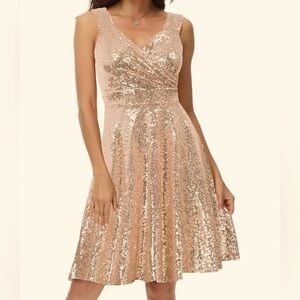 Women's Gold Sleeveless Sequined Wrap V-Neck A-line/Cocktail Party Dress